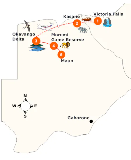 Leicht und beschwingt die schönsten Wildparks Botswana's entdecken.
Verlängerungen sind möglich, ebenso wie ein Tourstart ab Maun.