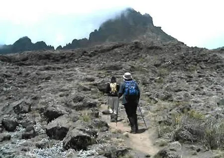 Geruhsam und gleichmäßig, aber langsam
sich vorwärts bewegend, kommen Sie dem
Gipfel immer näher... tansania-kilimandscharo-geroellfeld