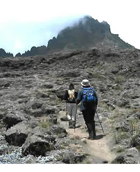 Geruhsam und gleichmäßig, aber langsam
sich vorwärts bewegend, kommen Sie dem
Gipfel immer näher... tansania-kilimandscharo-geroellfeld