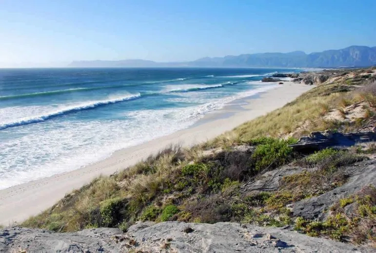 Blick über die
unter Naturschutz stehende "Walker Bay",
die von Juni bis November Tummelplatz
der Wale ist. suedafrika-walker-bay-blick